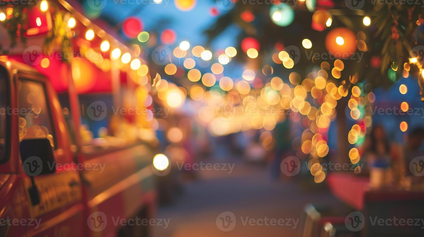 ai generado generativo ai, comida camión calle festival, borroso luces fondo, atmosférico Bokeh, apagado colores foto