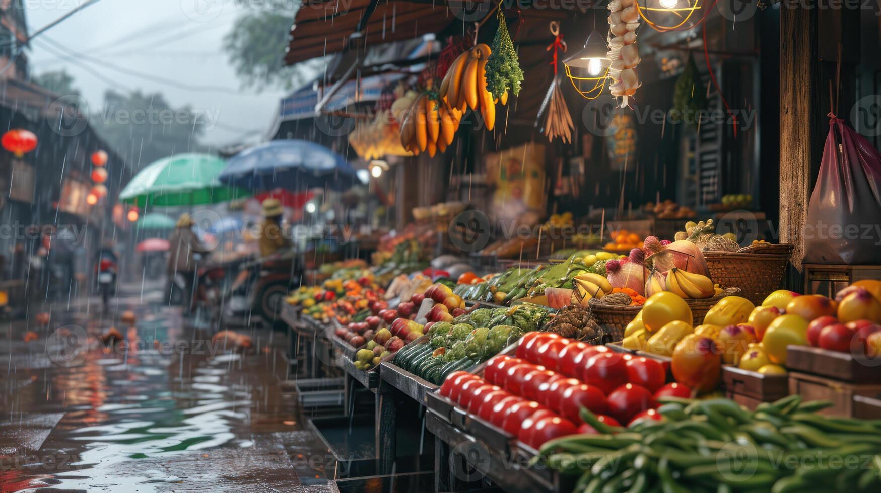 ai generado generativo ai, tradicional oriental asiático mercado con frutas y vegetales debajo el lluvia con paraguas foto