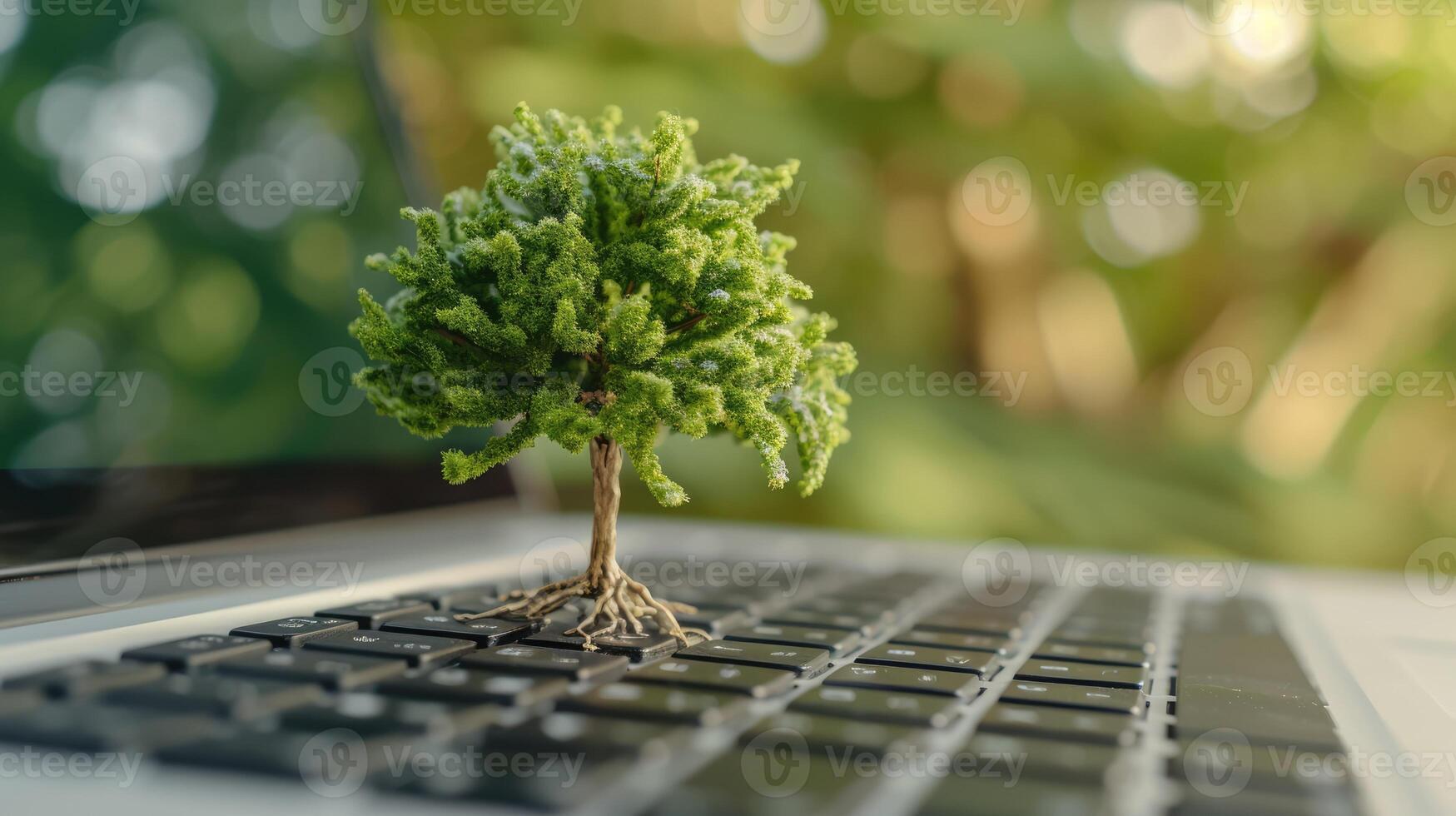 AI generated Generative AI, Plant growing from the laptop keyboard. Ecology and environment concept photo