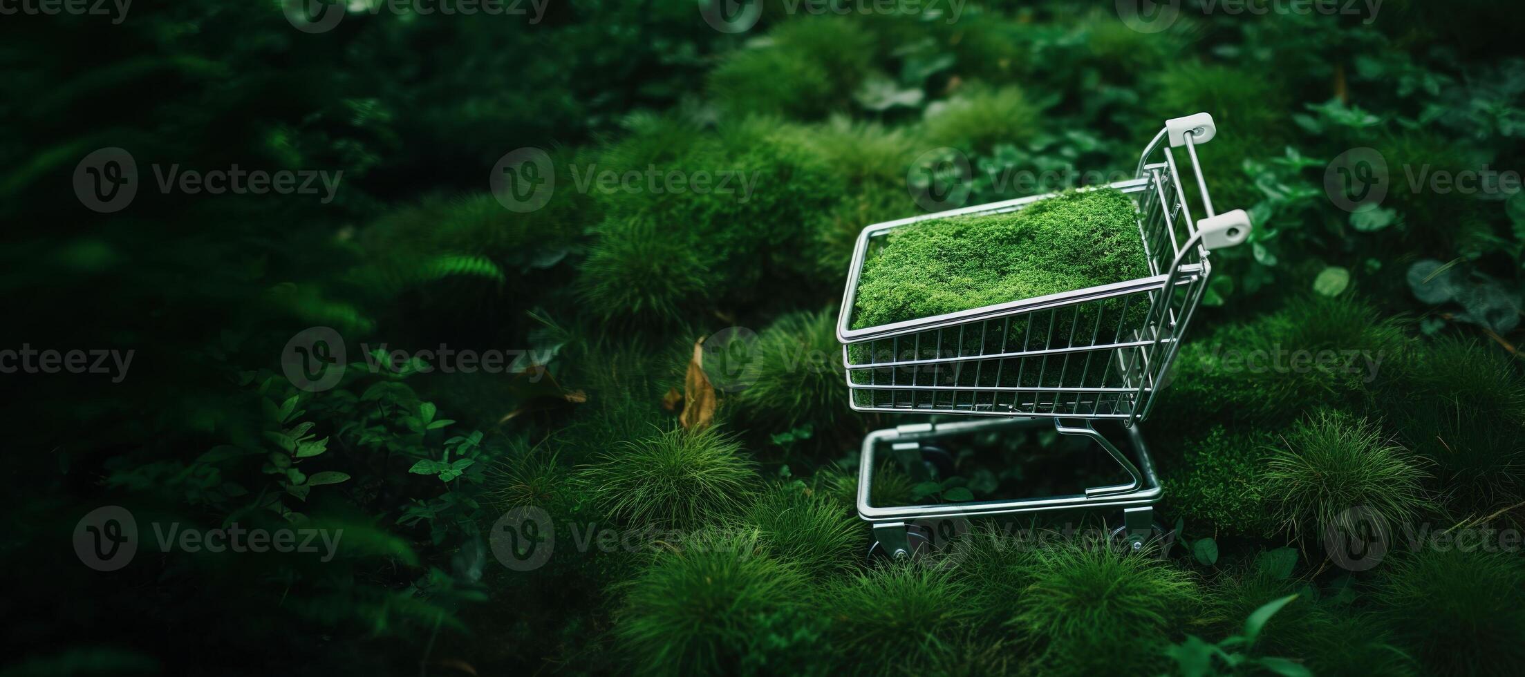 AI generated Generative AI, shopping cart on grass and moss background, environment concept, shopaholism, ecology concept. Sustainable lifestyle, conscious consumption photo