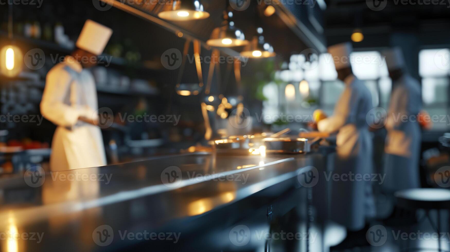 AI generated Generative AI, busy chefs working on the restaurant kitchen , blurred background photo