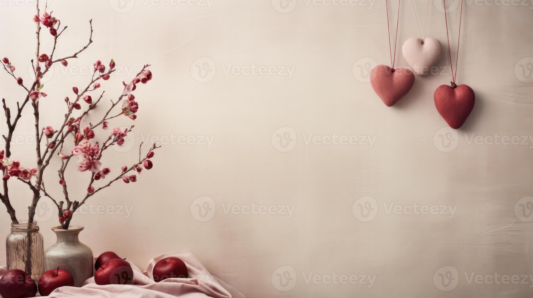 AI generated Generative AI, Valentine's Day home interior decoration close up, muted colors, holiday photorealistic aesthetic background photo
