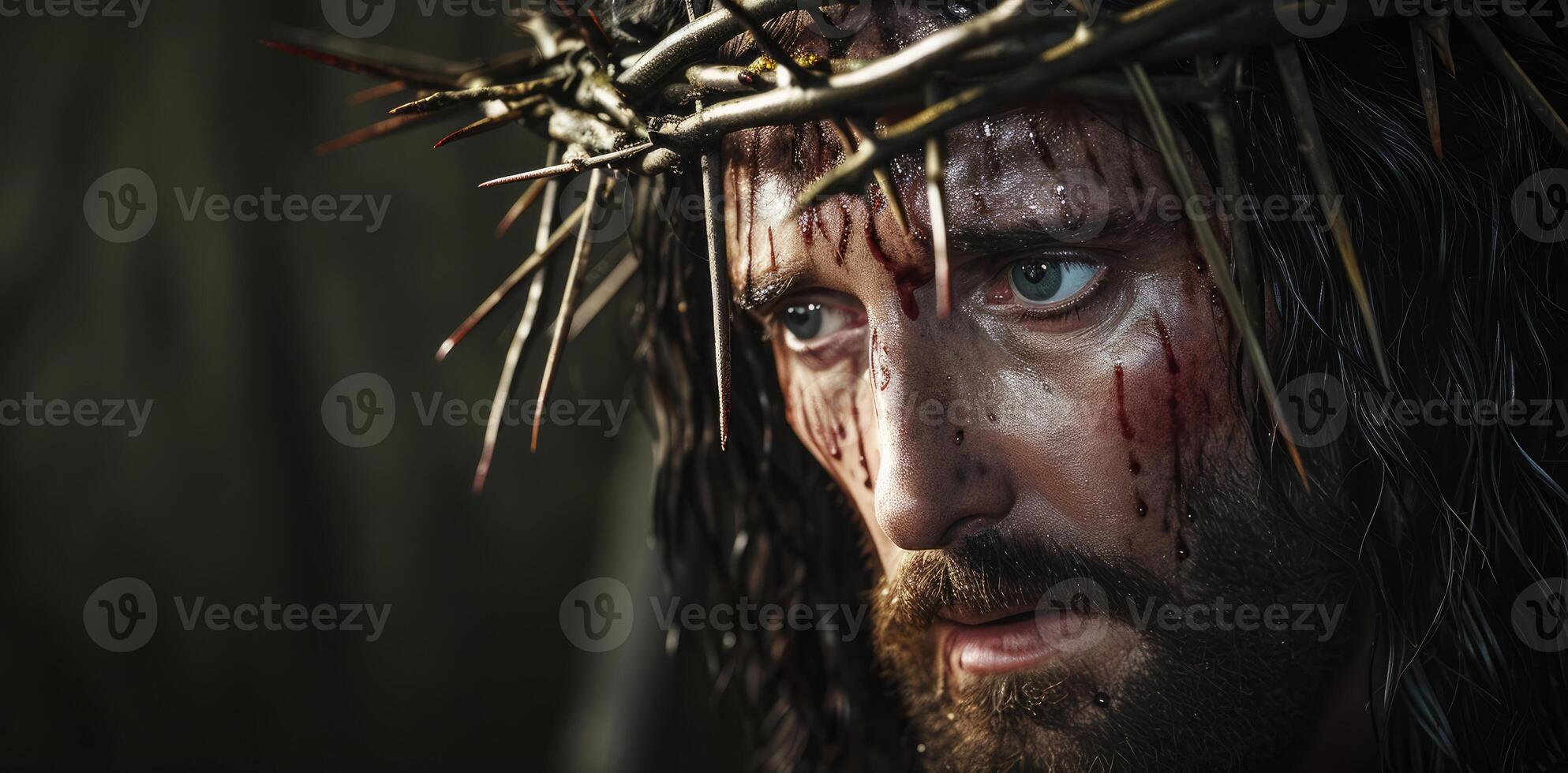 AI generated Generative AI, Jesus Christ in crown of thorns, photo close up