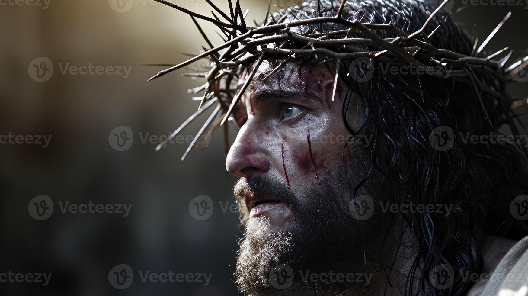 AI generated Generative AI, Jesus Christ in crown of thorns, photo close up