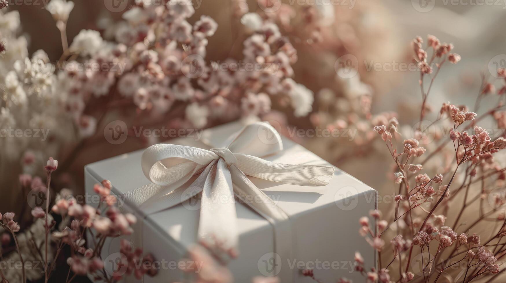 AI generated Generative AI, Valentine's Day gift box with decoration close up, muted colors, holiday photorealistic aesthetic background photo