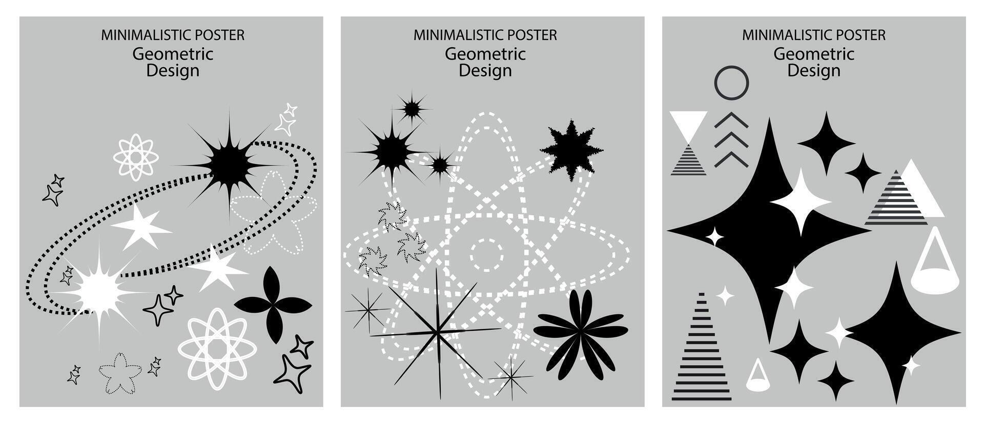 Retro minimalistic posters with simple geometric shapes forming graphics. Futuristic modern design, fashionable style in black and gray tones, inspired by brutalism. Vector. vector