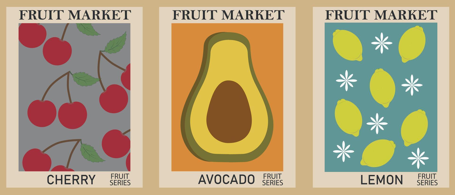 Trendy abstract retro fruit market posters. Modern wall art with avacado, cherry and lemon. Modern retro interior with fruits, paintings, wall art in the kitchen. Vector illustration.