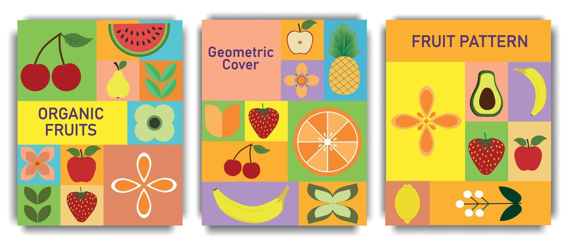 Geometric poster with fruits and berries. Set of abstract geometric pattern background with food. Colorful vector design template for cover, poster, brochure, banner, menu. Vector
