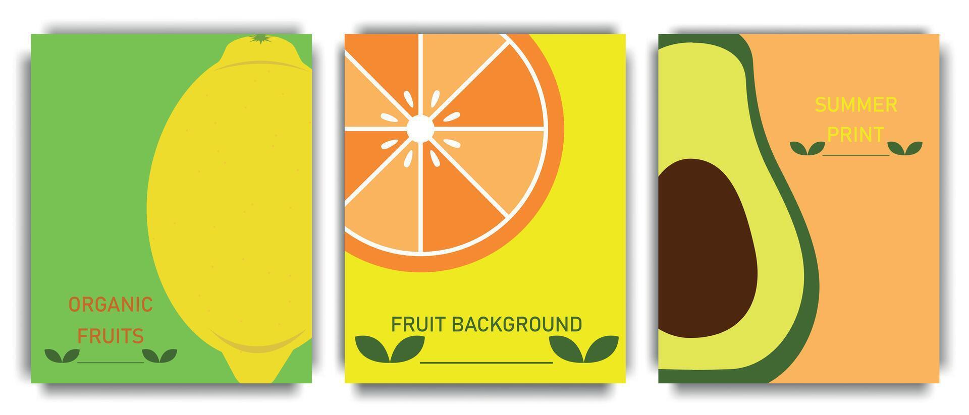 conjunto de minimalista carteles con frutas vector vistoso Fruta cubiertas, plantillas, carteles, folletos, pancartas, volantes brillante verano carteles brillante tropical antecedentes.