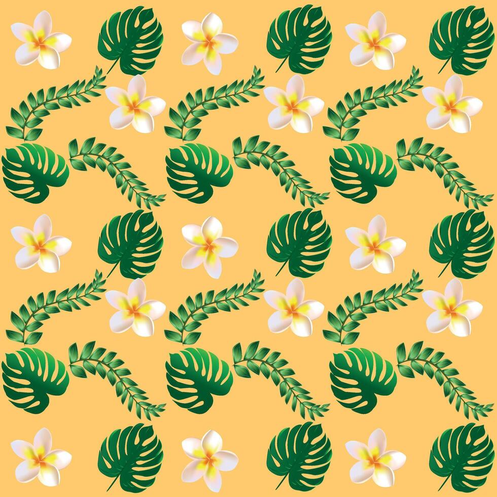Seamless pattern with colorful tropical leaves and hibiscus flowers on an orange bright background. Vector seamless pattern. Textile fabric design on wallpaper.
