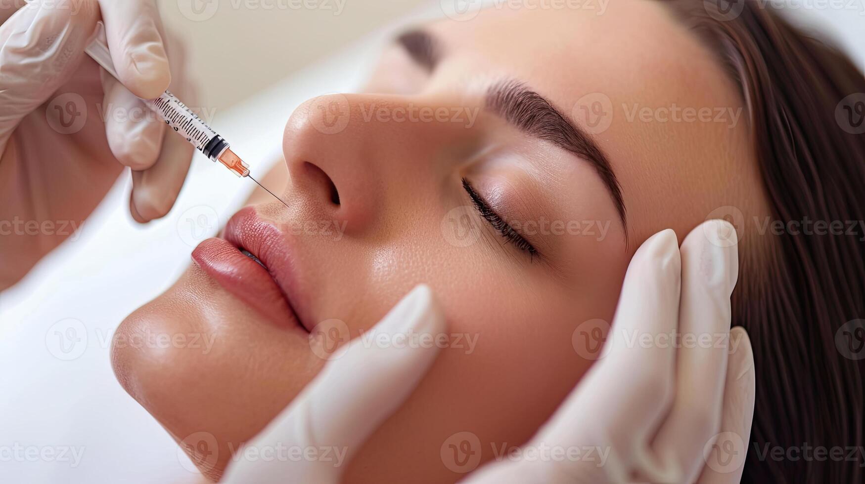 AI generated Generative AI, Beauty injections, face contour correction in cosmetology, young woman gets beauty facial injections in salon photo
