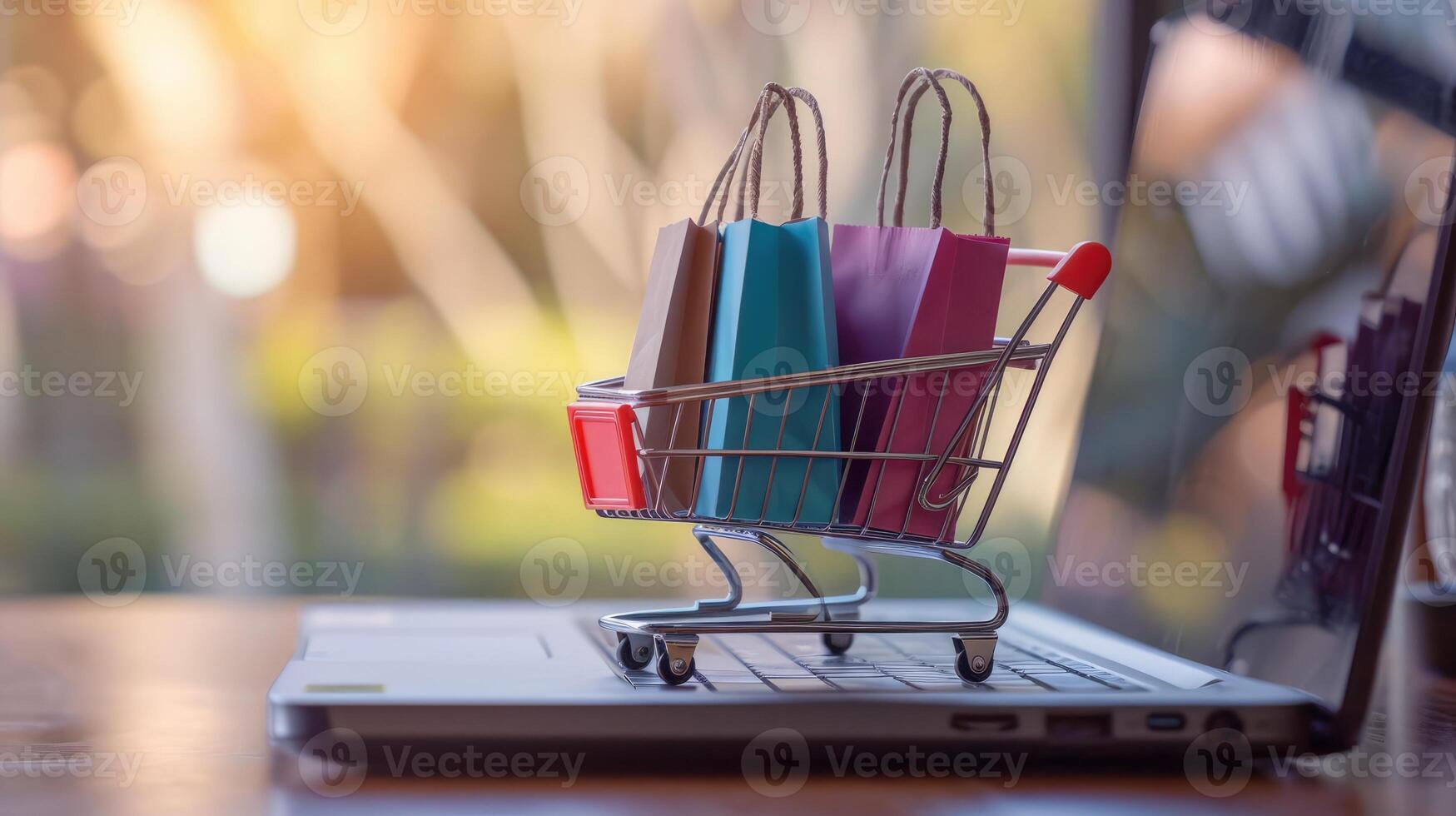 AI generated Generative AI, shopping cart with shopping bags standing on laptop keyboard, shop online, free delivery, discounts and sale concept. photo