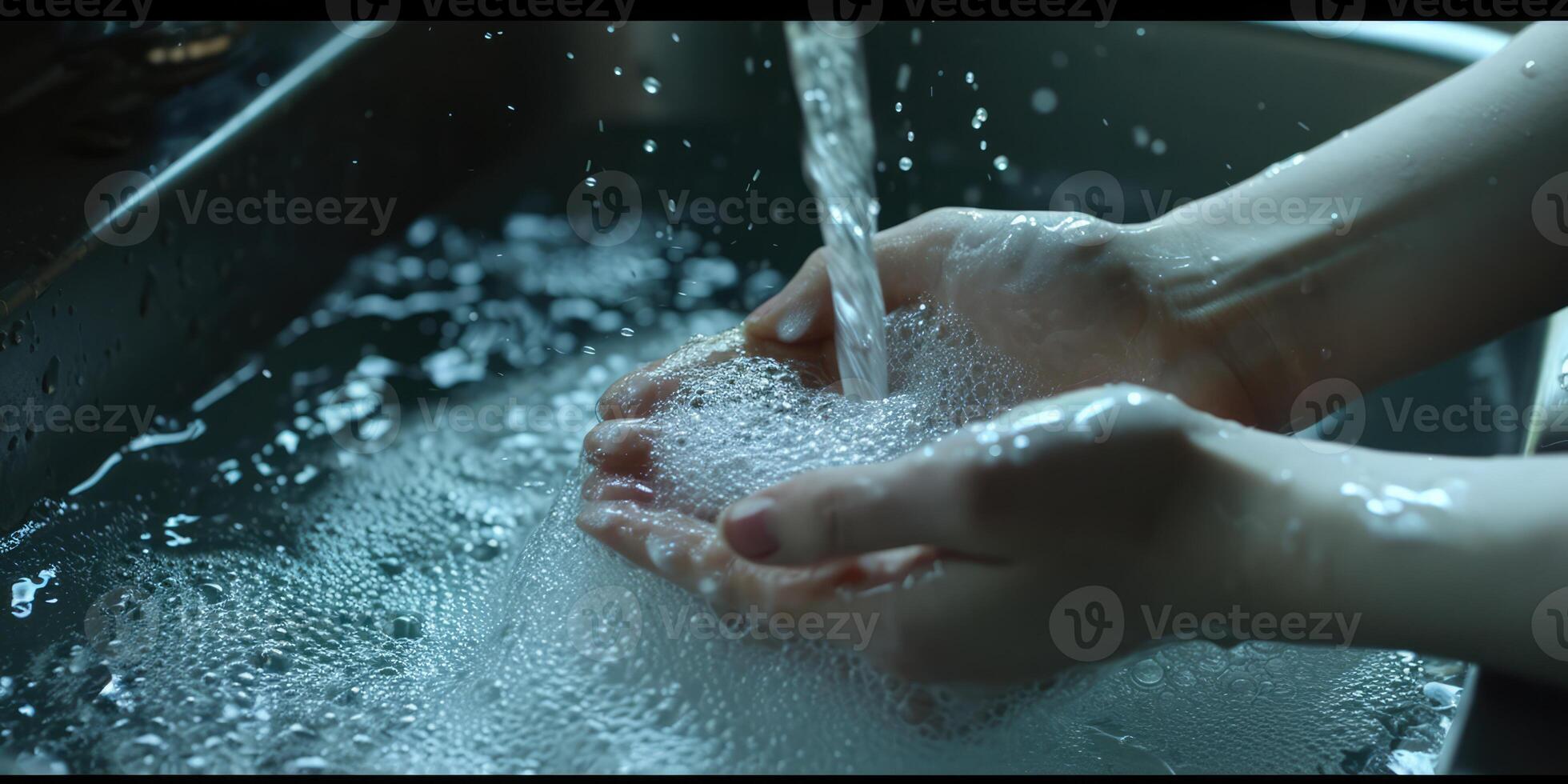 AI generated Generative AI, person washing hands with soap and water at sink, hygiene concept photo