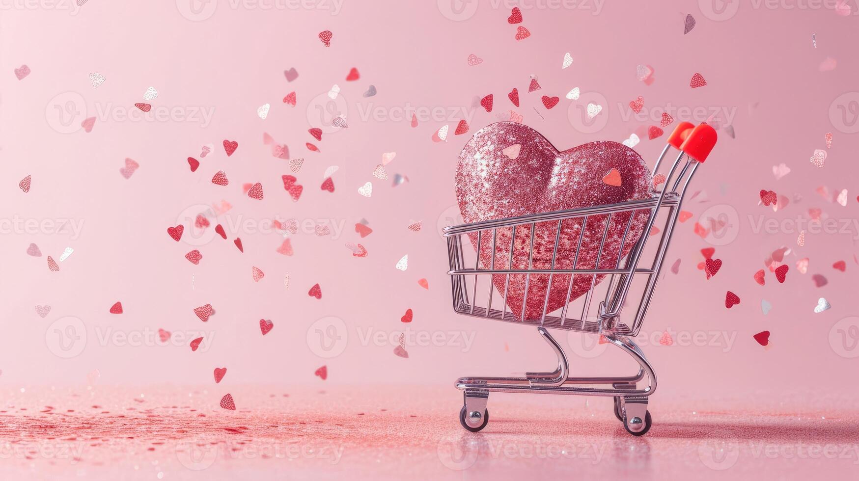 AI generated Generative AI, shopping cart with big heart inside, Valentine day concept, discount and sale. photo