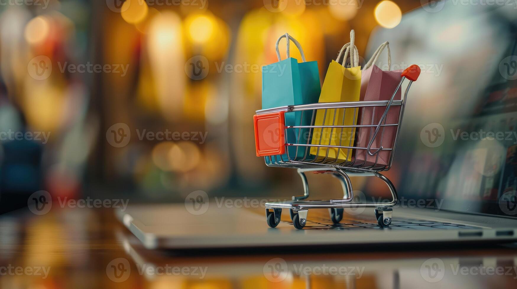 AI generated Generative AI, shopping cart with shopping bags standing on laptop keyboard, shop online, free delivery, discounts and sale concept. photo