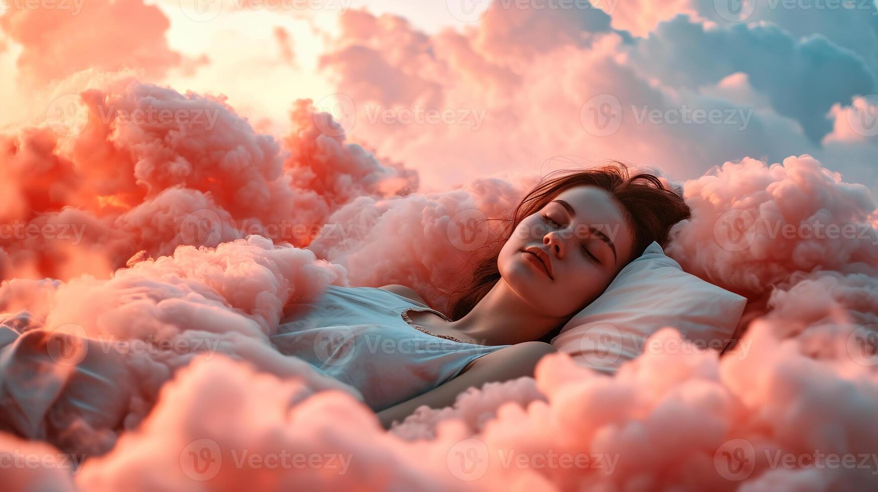 ai generado generativo ai, joven mujer son dormido rodeado por mullido algodonero rosado nubes en el cielo foto