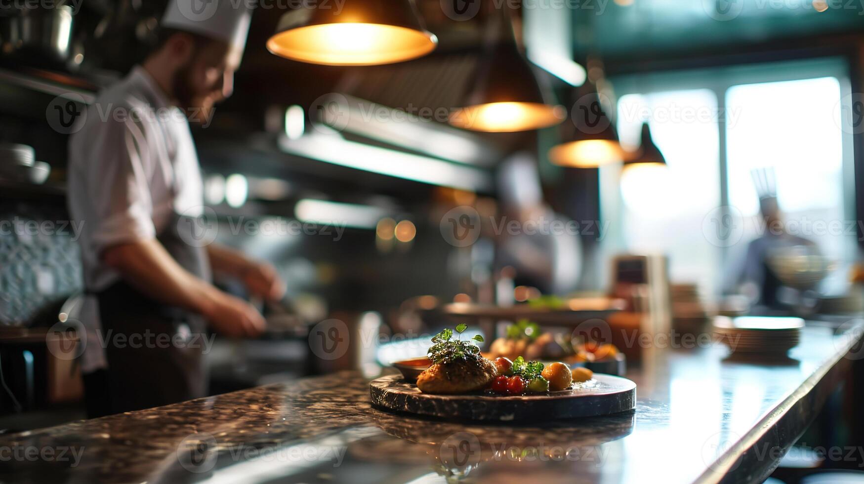 AI generated Generative AI, busy chefs working on the restaurant kitchen , blurred background photo