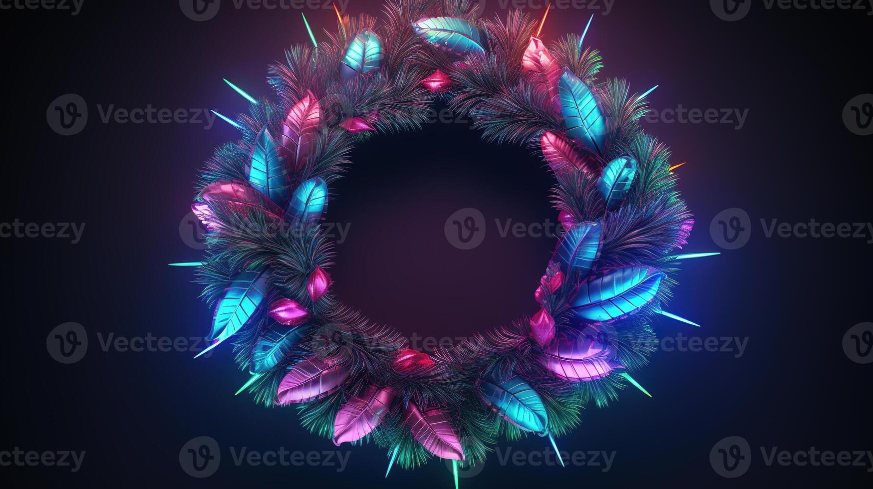 AI generated Generative AI, Christmas wreath in cyberpunk style, futuristic nostalgic 80s, 90s. Neon lights vibrant colors. photo