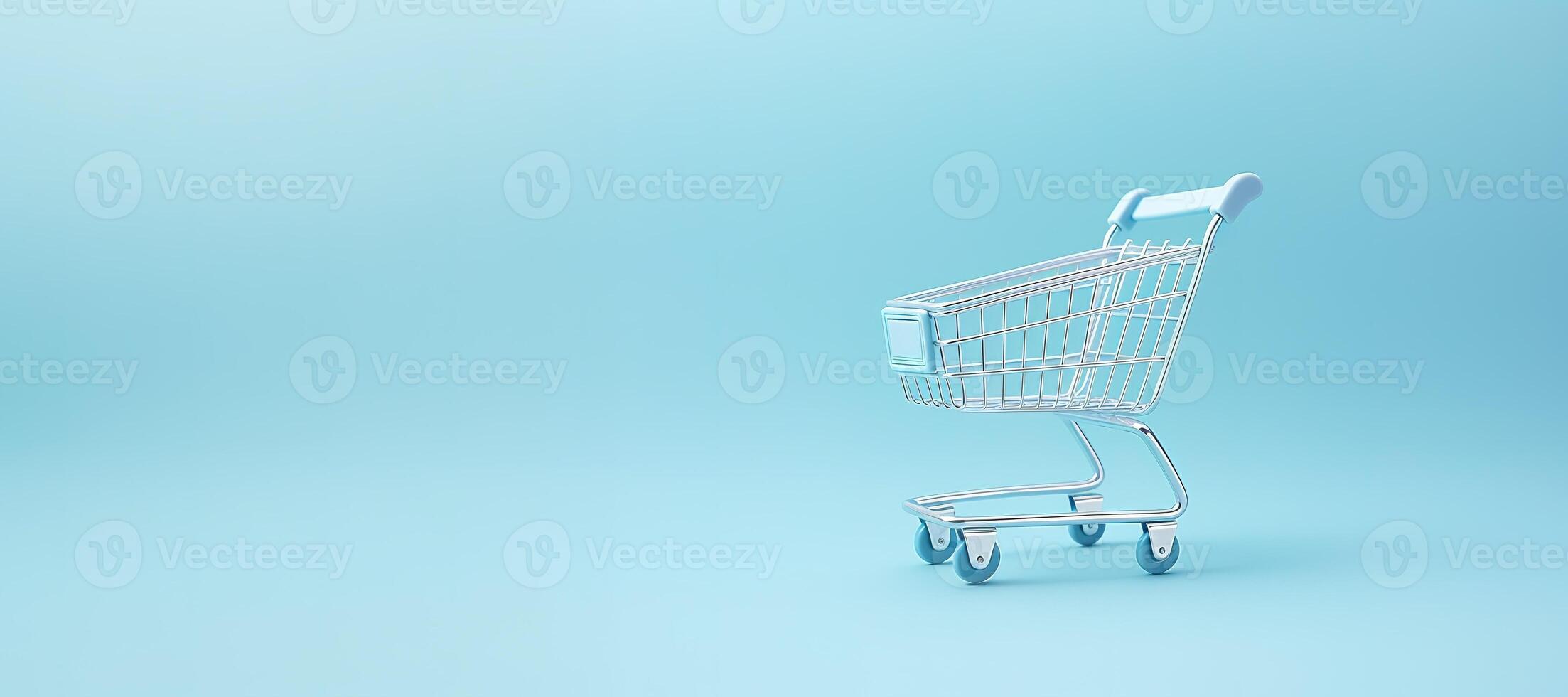 AI generated Generative AI, empty shopping cart on blue background, minimalistic shop online, free delivery, discounts and sale concept. photo