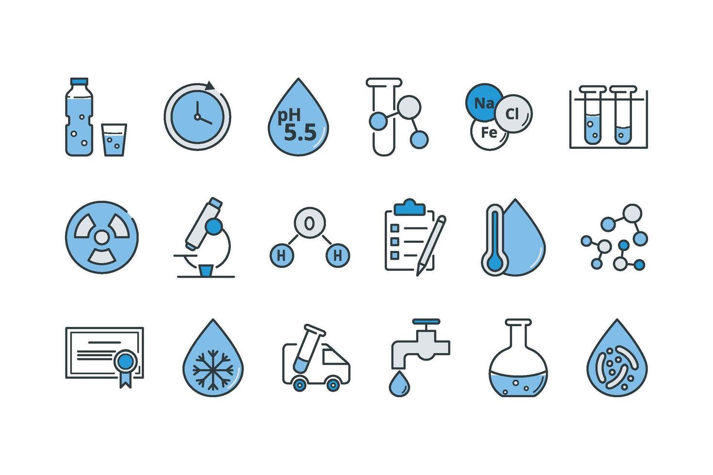 agua relacionado línea icono conjunto en azul. calidad pruebas laboratorio. molécula, congelación punto, contaminación bacteriana, purificación, Certificación, conformidad vector ilustración. editable golpes