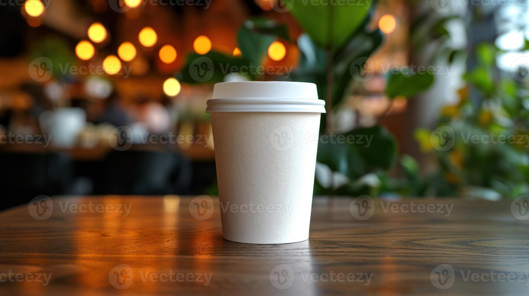 AI generated Generative AI, White paper cup on the table in the coffee shop interior, mug mock up blank. photo