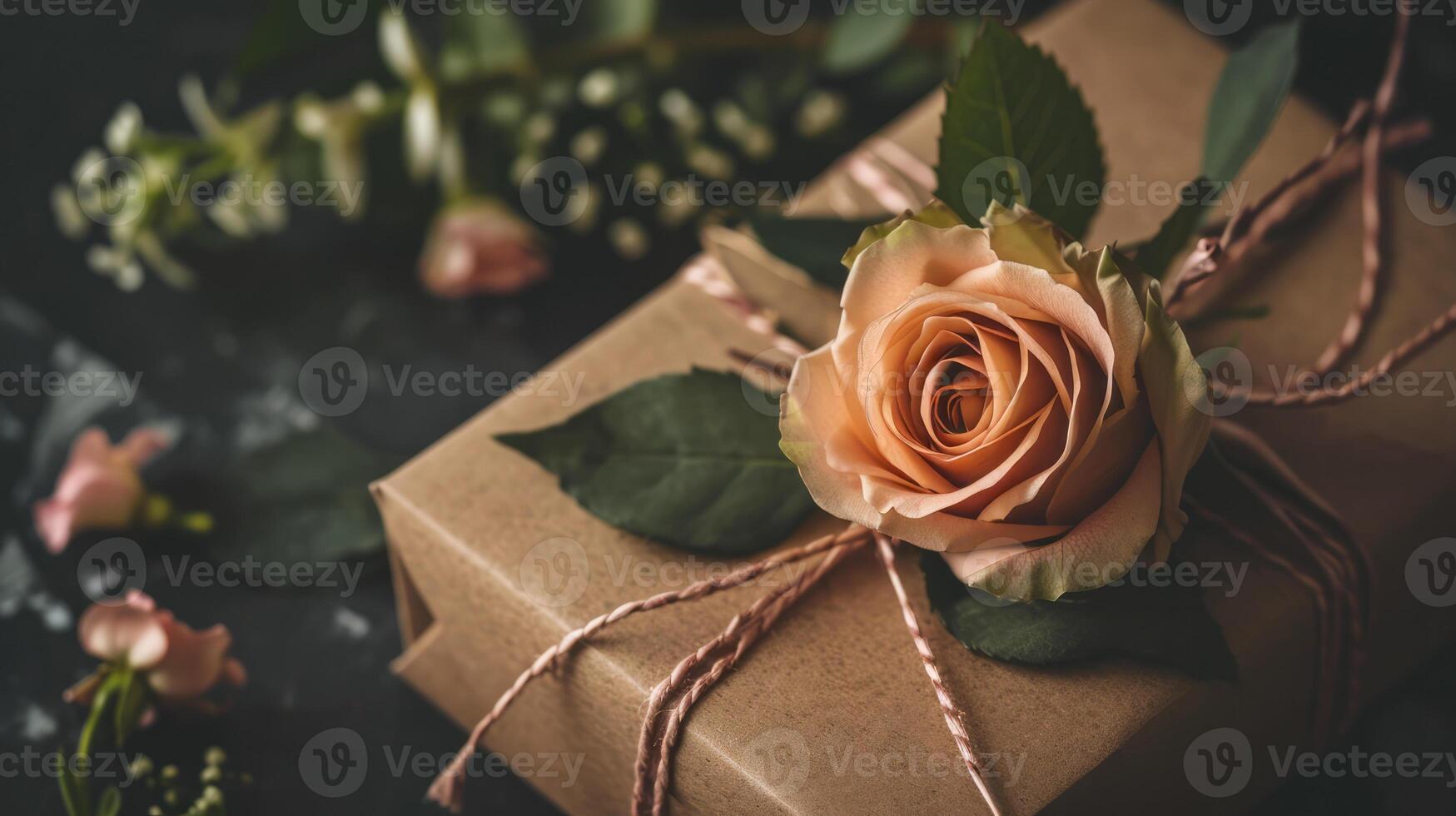 AI generated Generative AI, Valentine's Day gift box with decoration close up, muted colors, holiday photorealistic aesthetic background photo