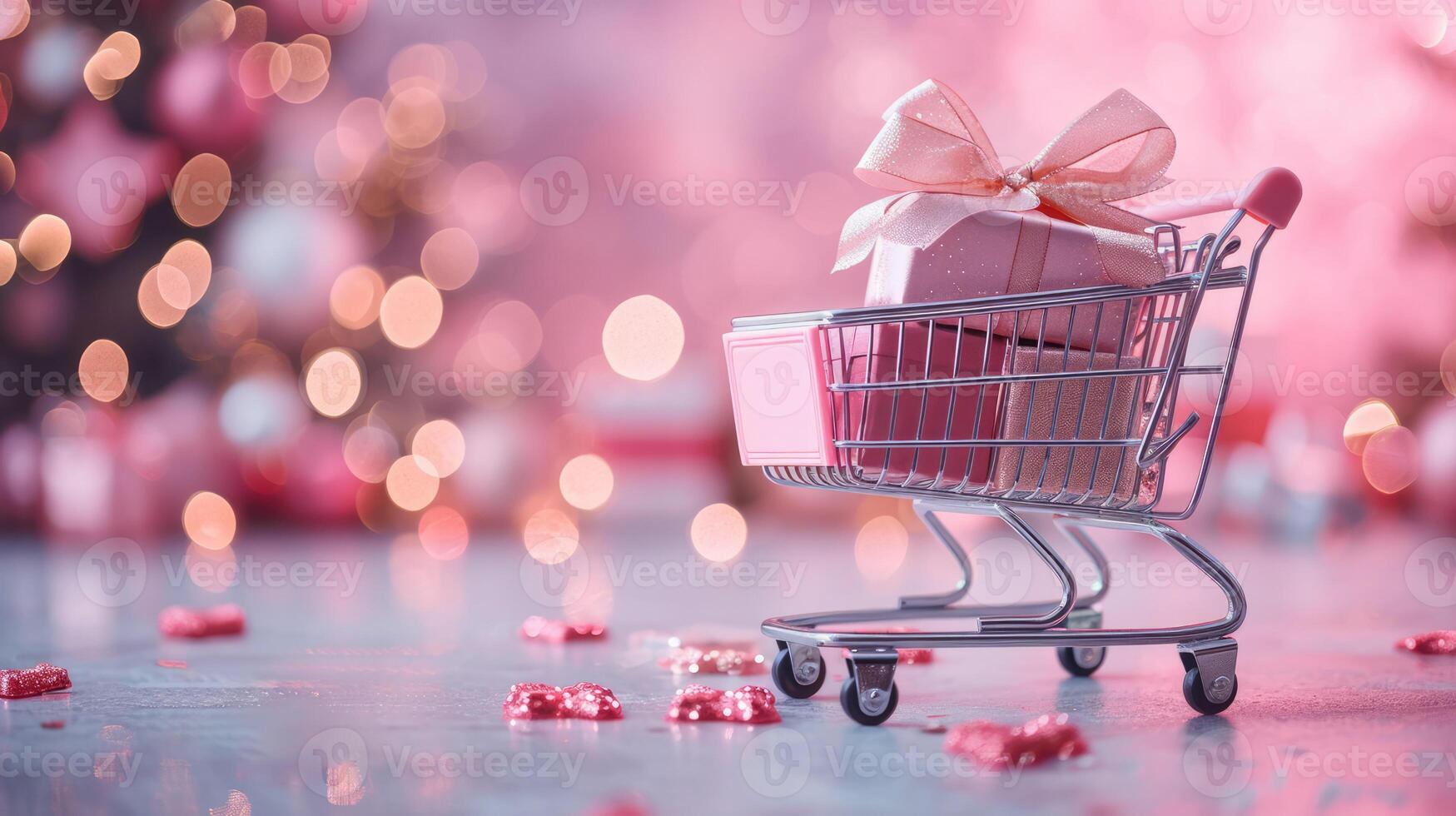 AI generated Generative AI, golden and pink shopping cart with many gift boxes on pink background, Valentine day concept, discount and sale. photo