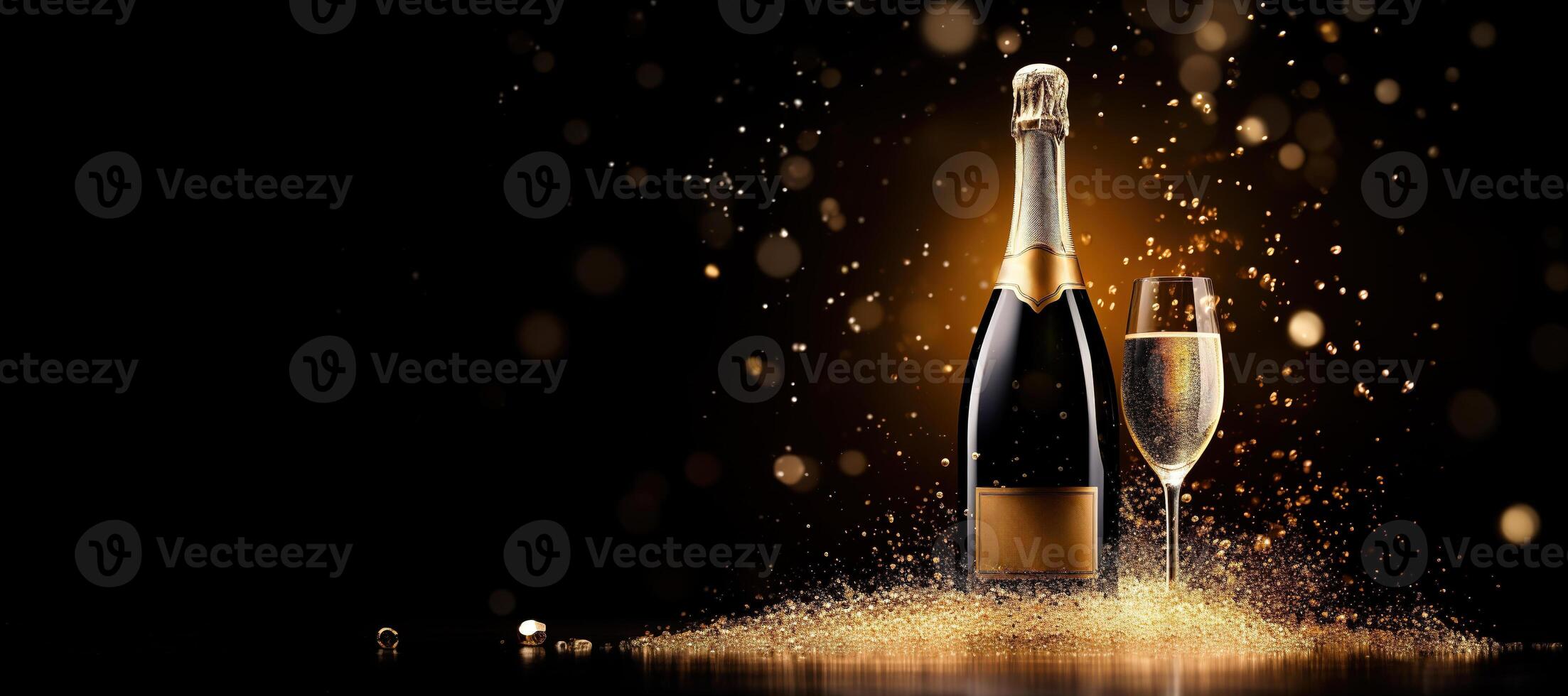 AI generated Generative AI, Golden champagne bottle mockup with glass on dark background, golden lights and confetti photo