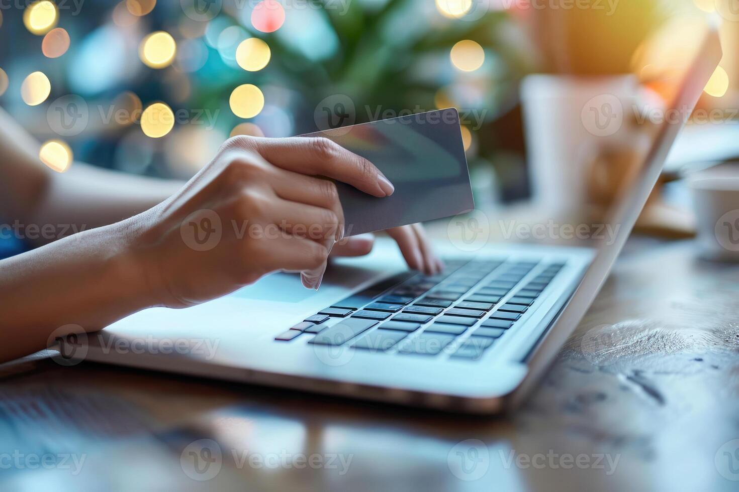 AI generated Generative AI, person using laptop computer for online shopping at home, hand holding credit card, online shopping concept photo