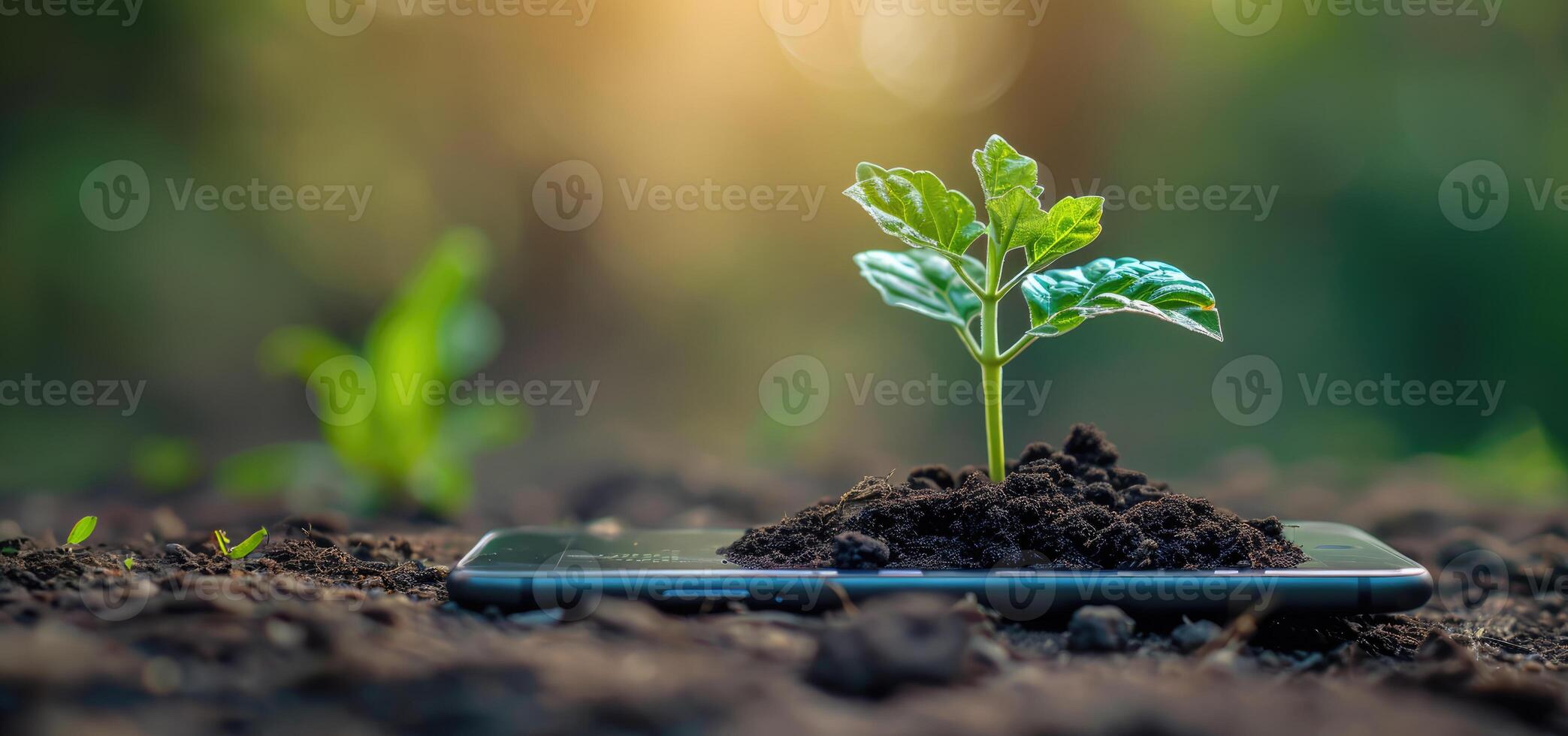 AI generated Generative AI, Plant growing from the smartphone screen. Ecology and environment concept photo