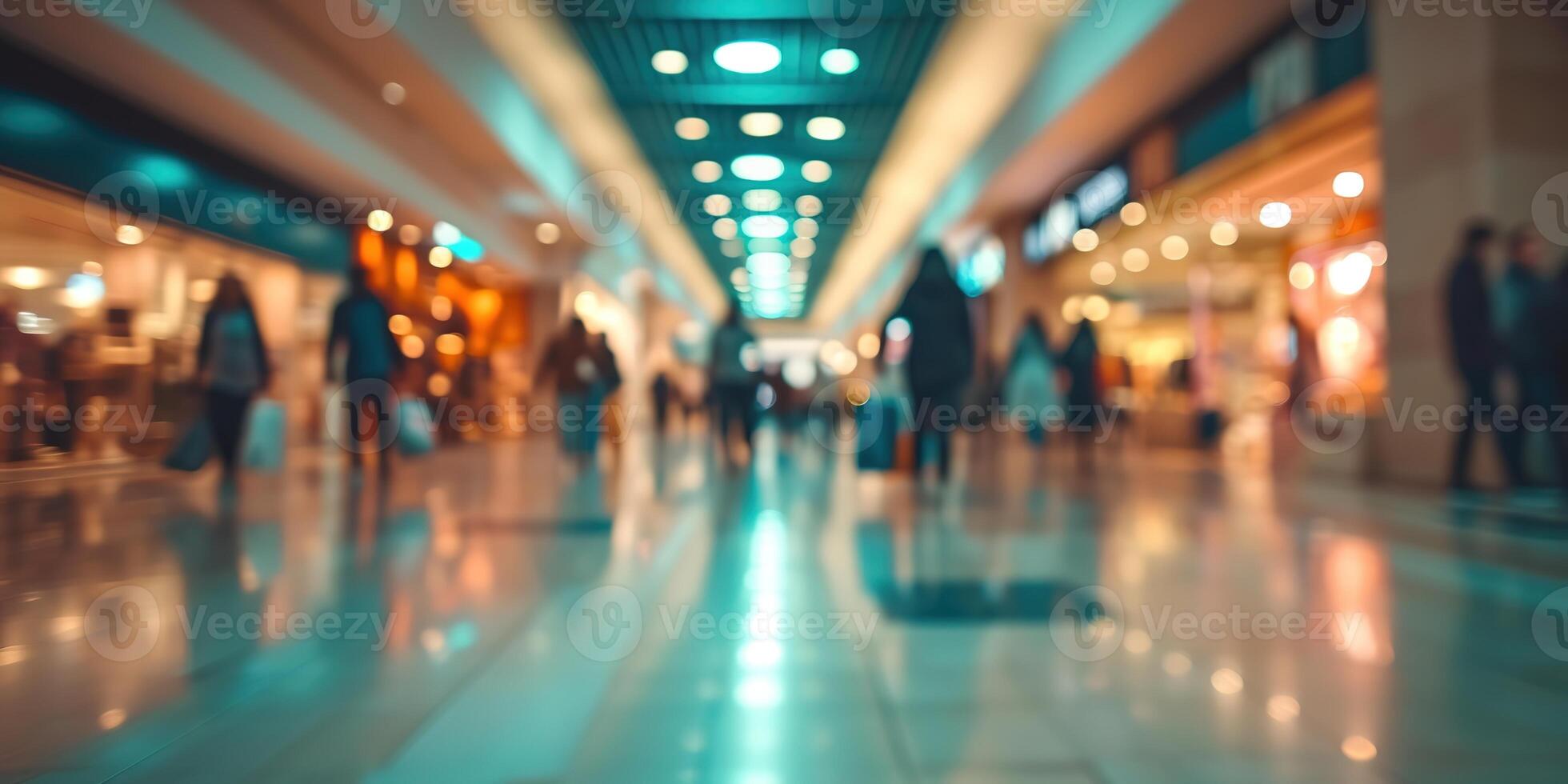 AI generated Generative AI, shopping mall with people, motion blur, blurred abstract background photo