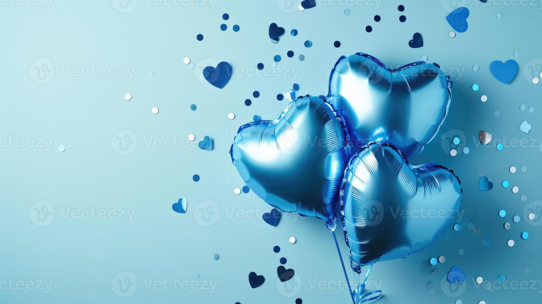 ai generado generativo ai, frustrar azul globos en corazón forma y papel picado para San Valentín día o Boda con Copiar espacio foto