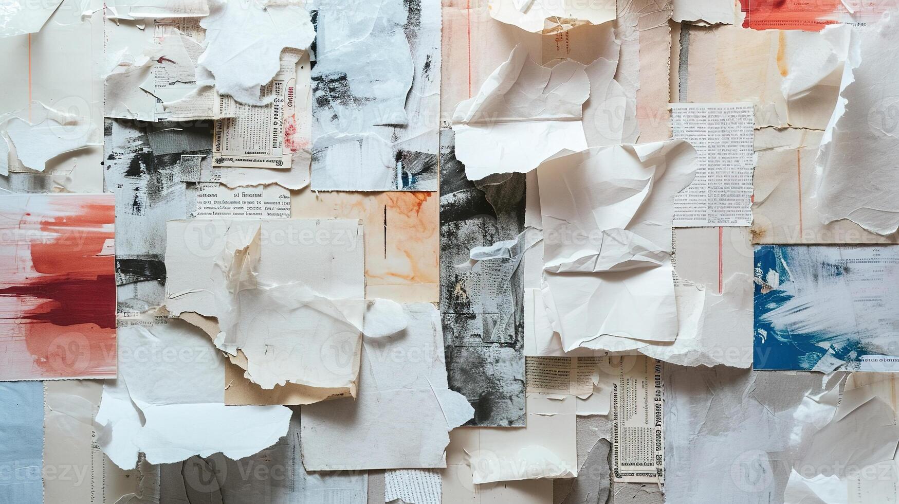 AI generated Generative AI, collage of waste paper pieces, ripped paper with torn, recycling concept photo