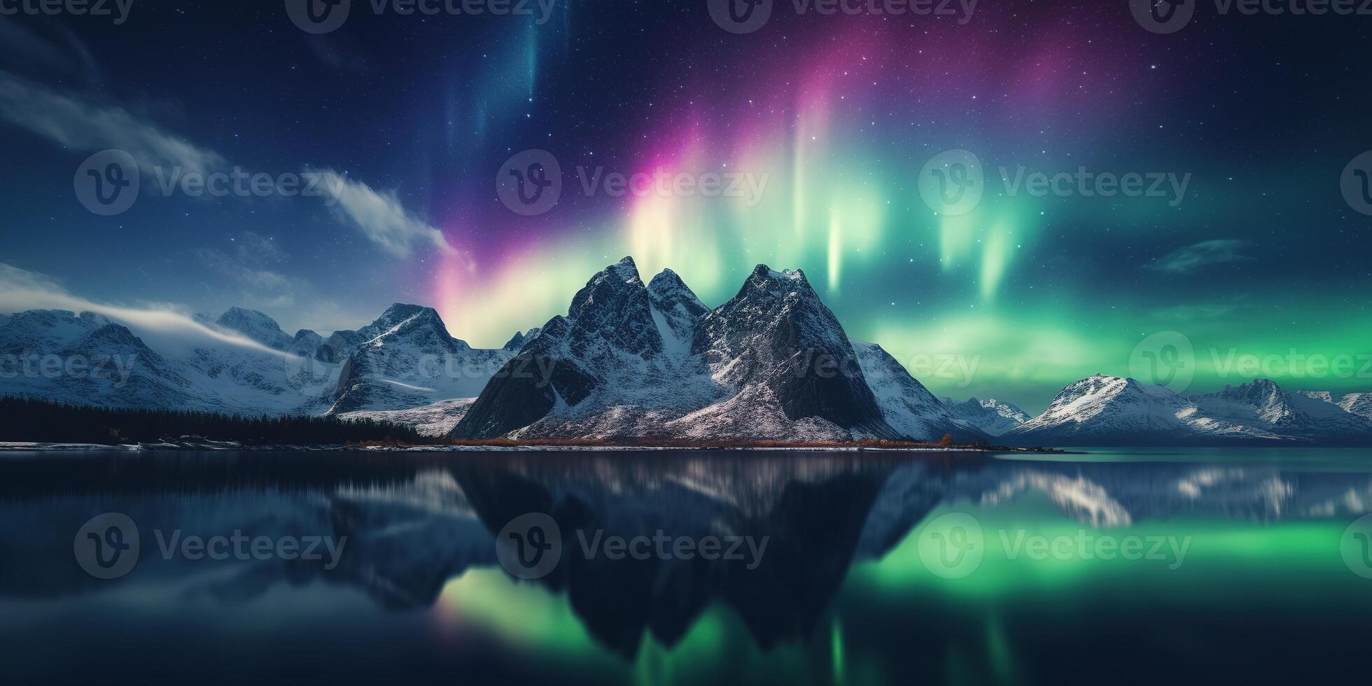 AI generated Generative AI, Green and pink northern lights above snowy mountains, winter landscape, aurora and reflection on the water surface photo