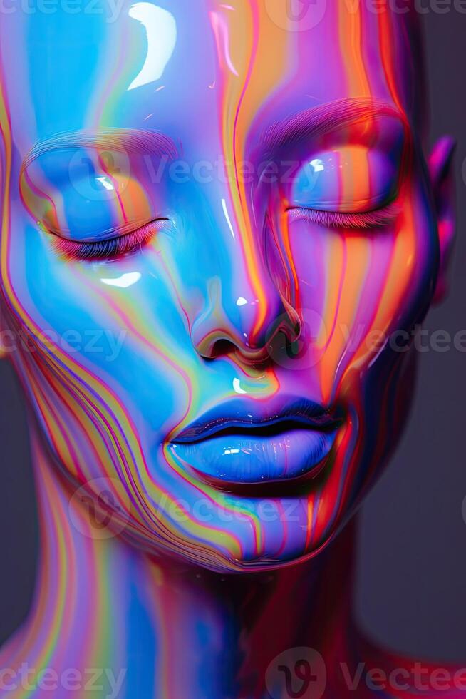 ai generado generativo ai, mujer cara en iridiscente colores líquido, líquido, futurista extraterrestre estilo, de cerca foto