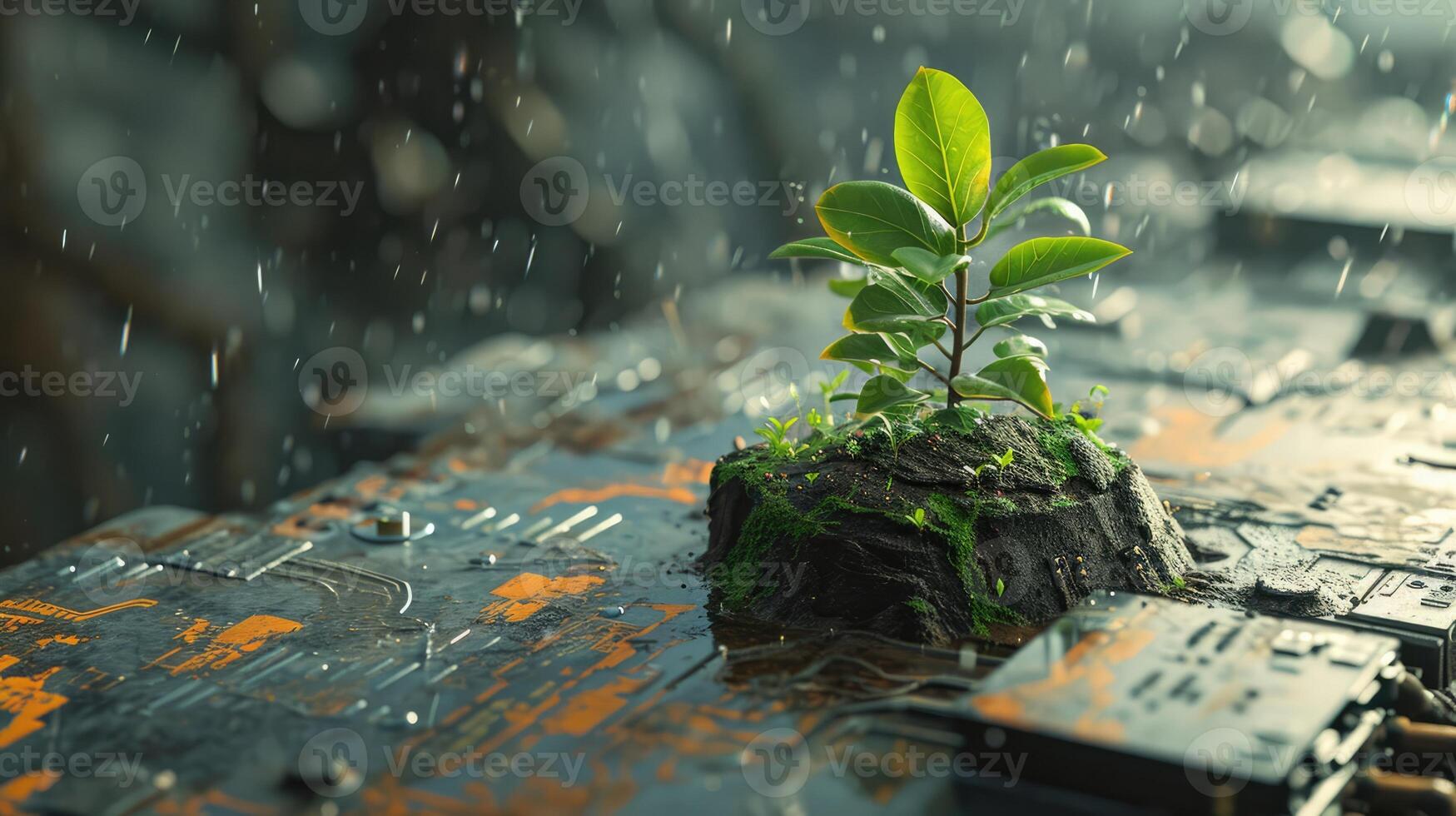 AI generated Generative AI, Plant growing from the circuit board. Ecology and environment concept photo