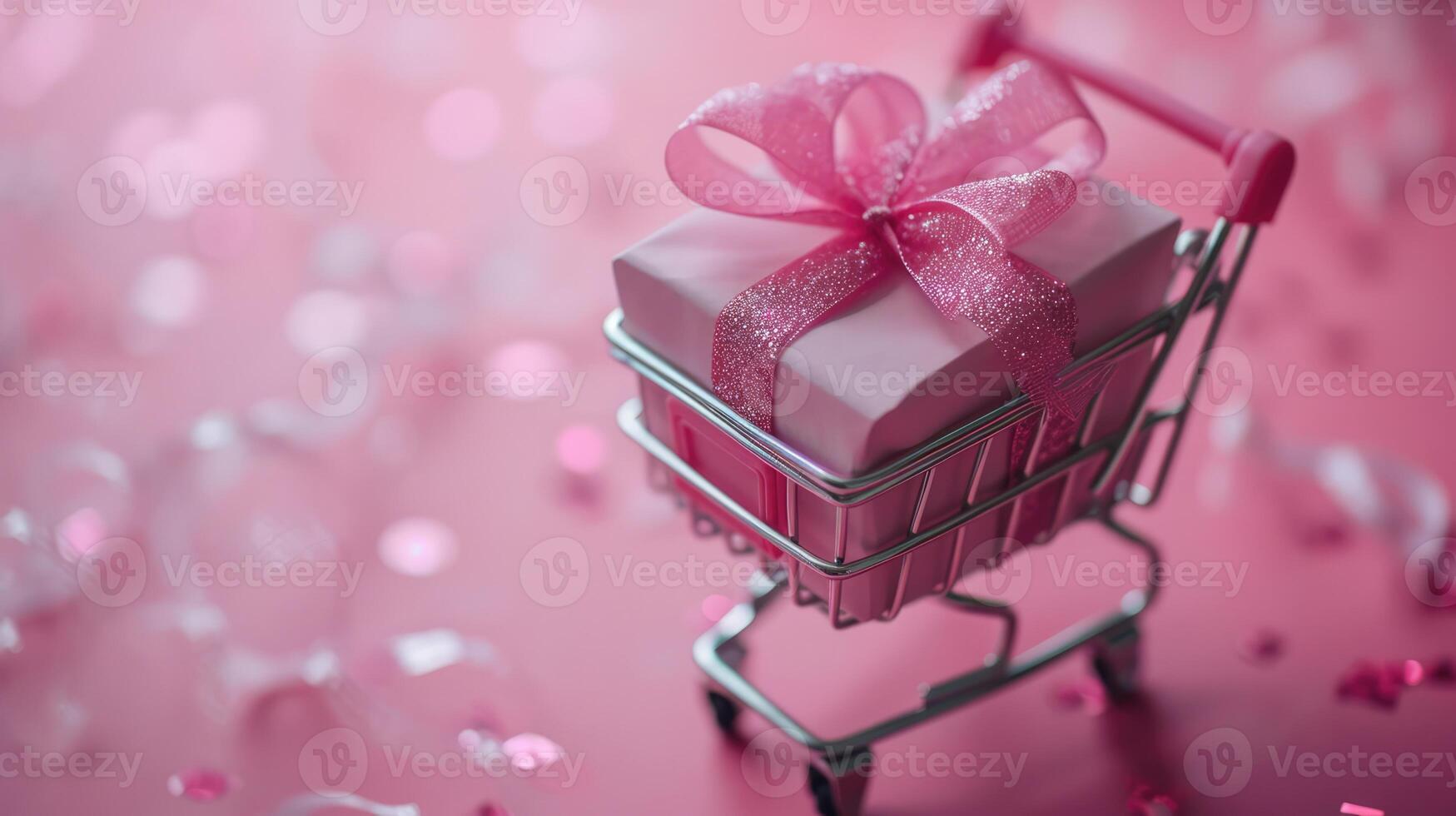 AI generated Generative AI, golden and pink shopping cart with many gift boxes on pink background, Valentine day concept, discount and sale. photo