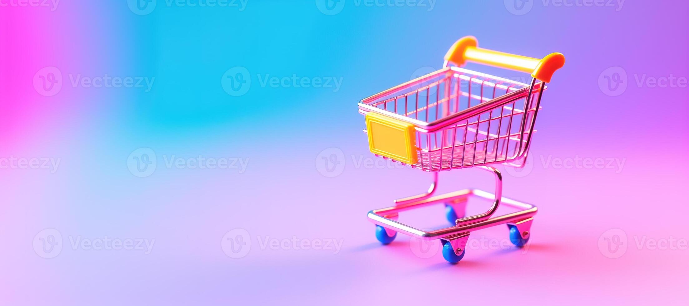 AI generated Generative AI, shopping cart on neon gradient background, 80s and 90s style, minimalistic shop online, free delivery, discounts and sale concept. photo