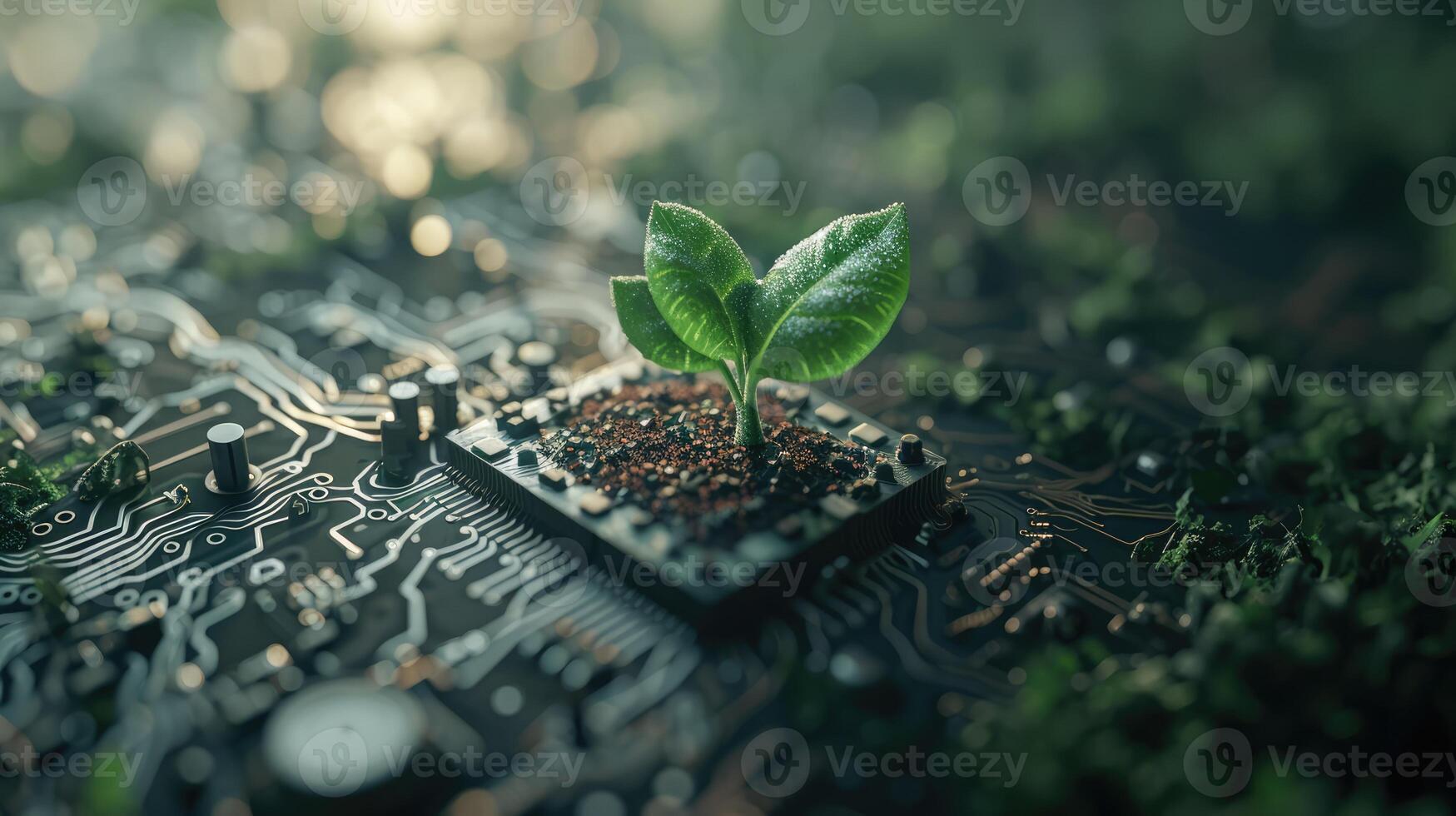 AI generated Generative AI, Plant growing from the circuit board. Ecology and environment concept photo