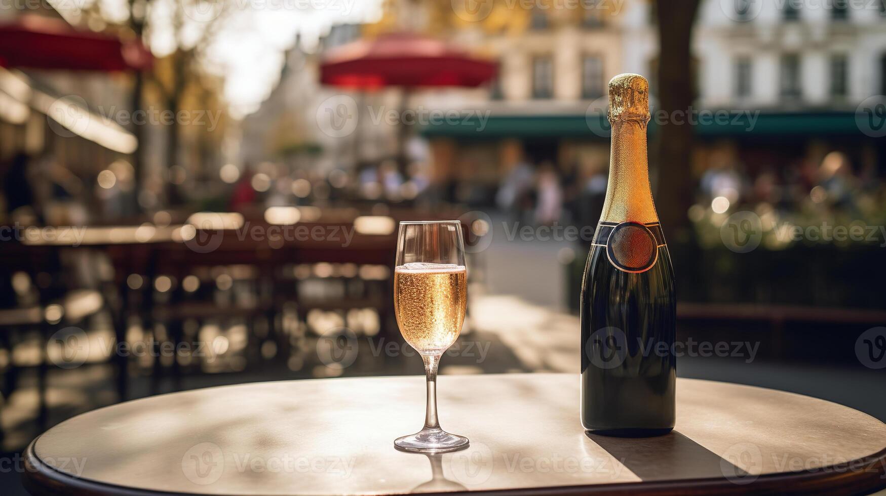 AI generated Generative AI, glass of champagne and bottle on wooden table with blur background with lights of street bar, cafe, coffee shop or restaurant, drink mock up photo