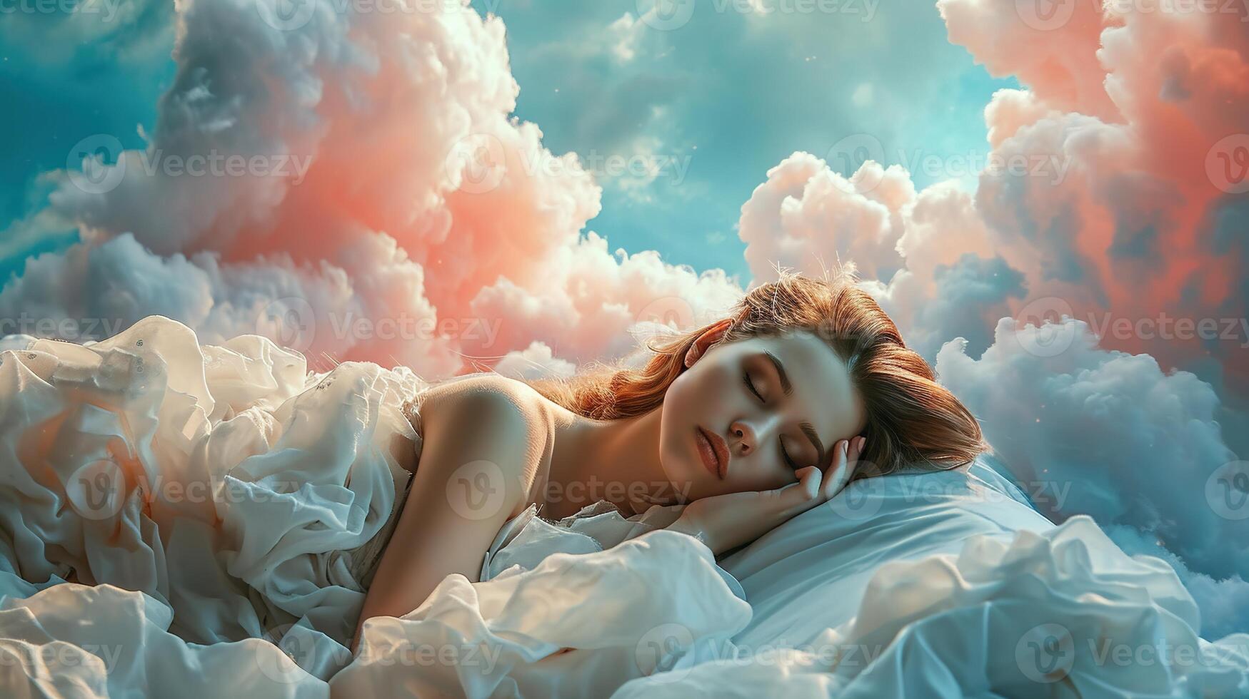 AI generated Generative AI, young woman are sleeping surrounded by fluffy cottony pink clouds in the sky photo