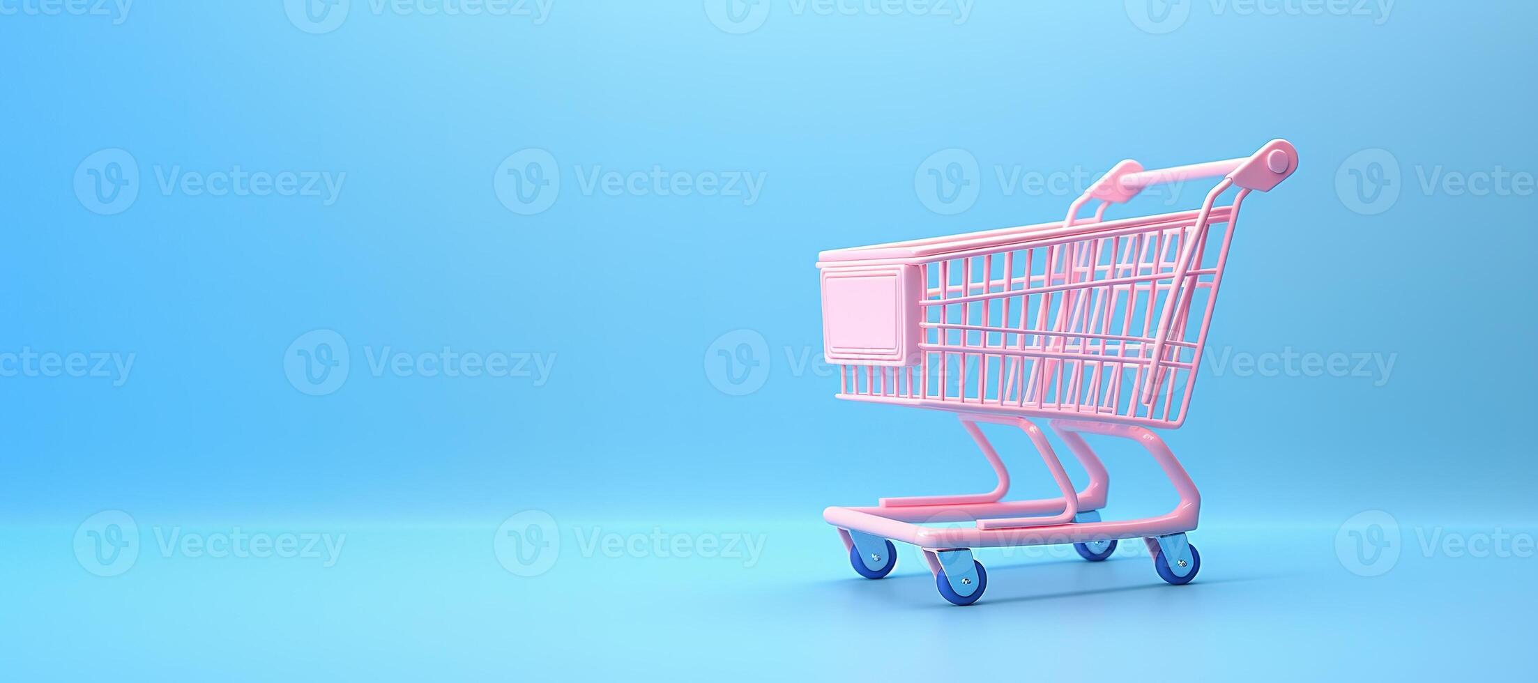 AI generated Generative AI, empty shopping cart on blue background, minimalistic shop online, free delivery, discounts and sale concept. photo