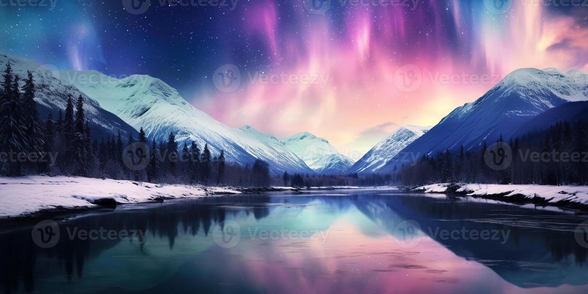 AI generated Generative AI, Green and pink northern lights above snowy mountains, winter landscape, aurora and reflection on the water surface photo