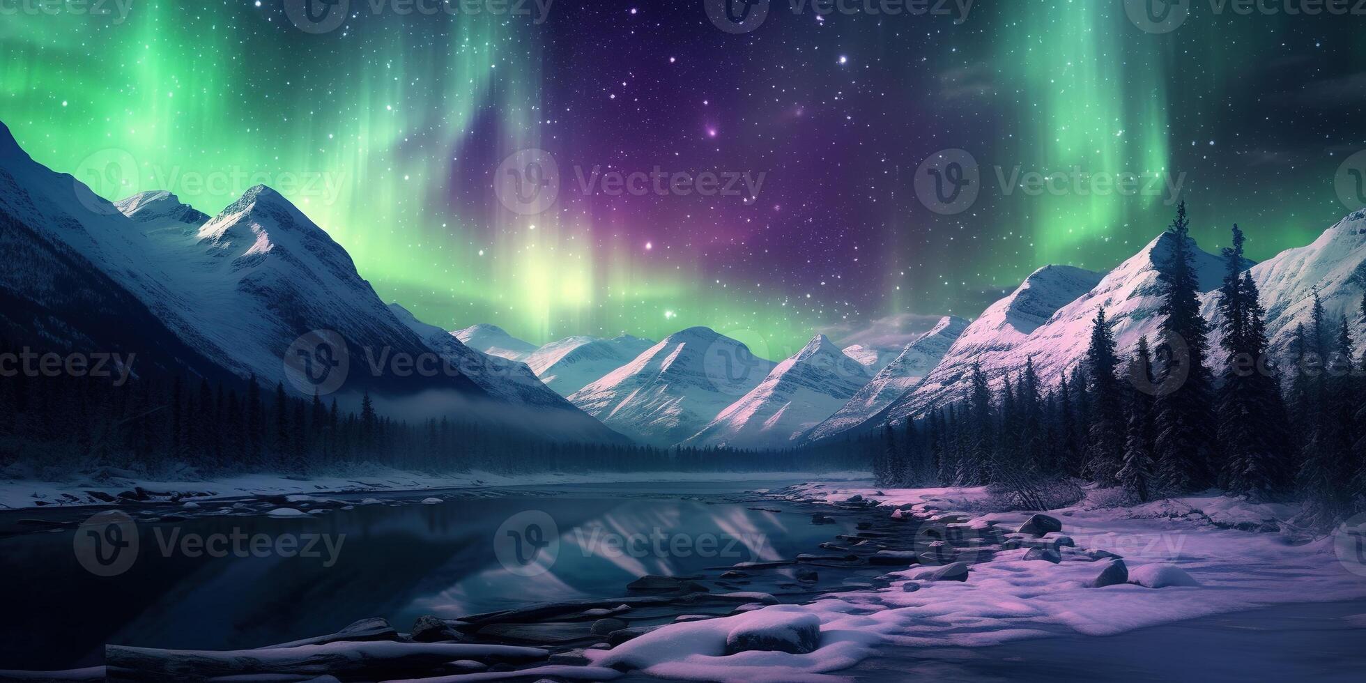 AI generated Generative AI, Green and pink northern lights above snowy mountains, winter landscape, aurora and reflection on the water surface photo