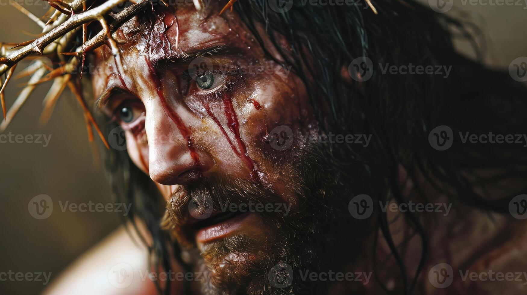 AI generated Generative AI, Jesus Christ in crown of thorns, photo close up