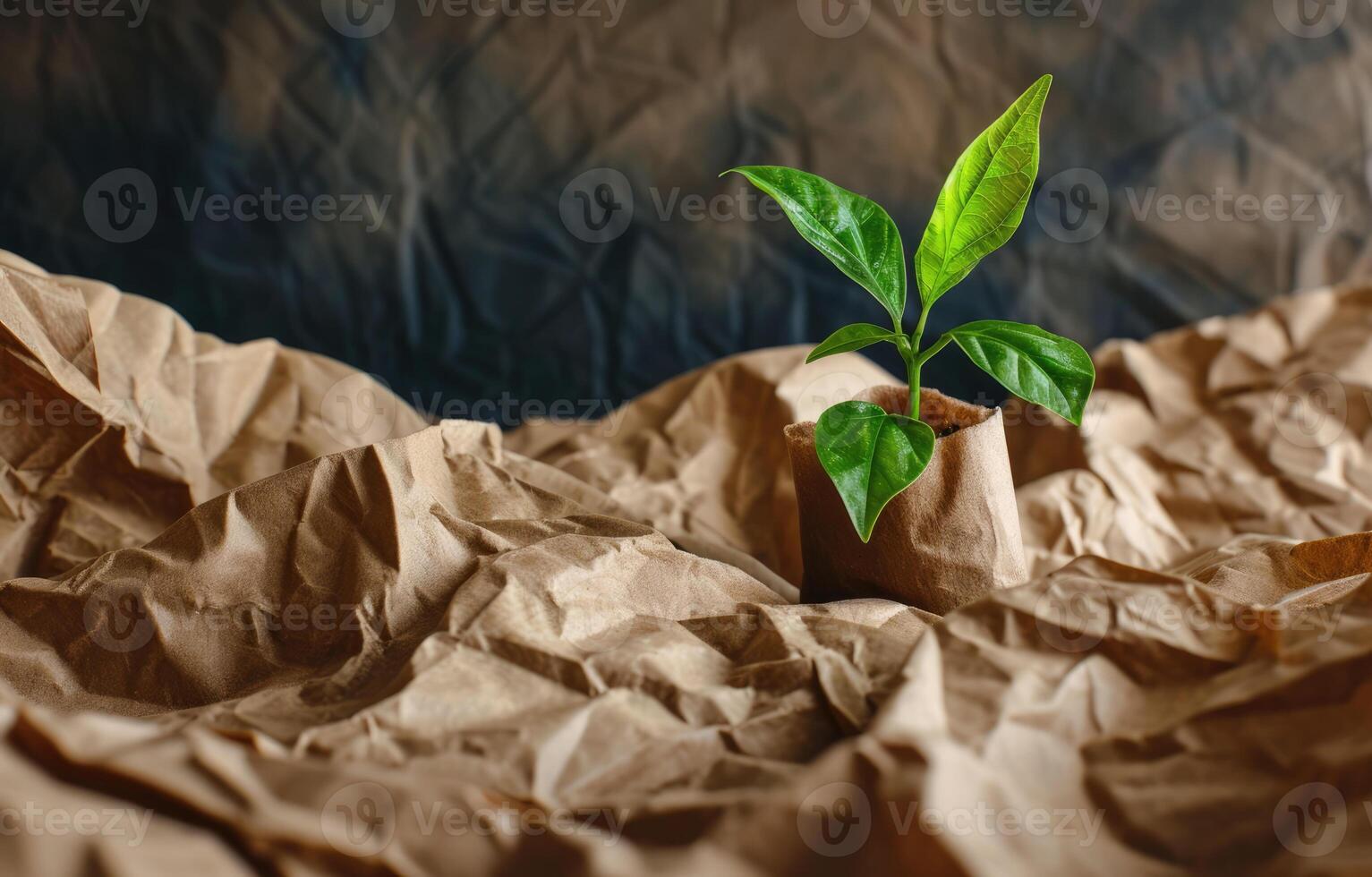 AI generated Generative AI, plant sprout with green leaves growing from recycled paper. Eco, zero waste, plastic free and environment concept photo