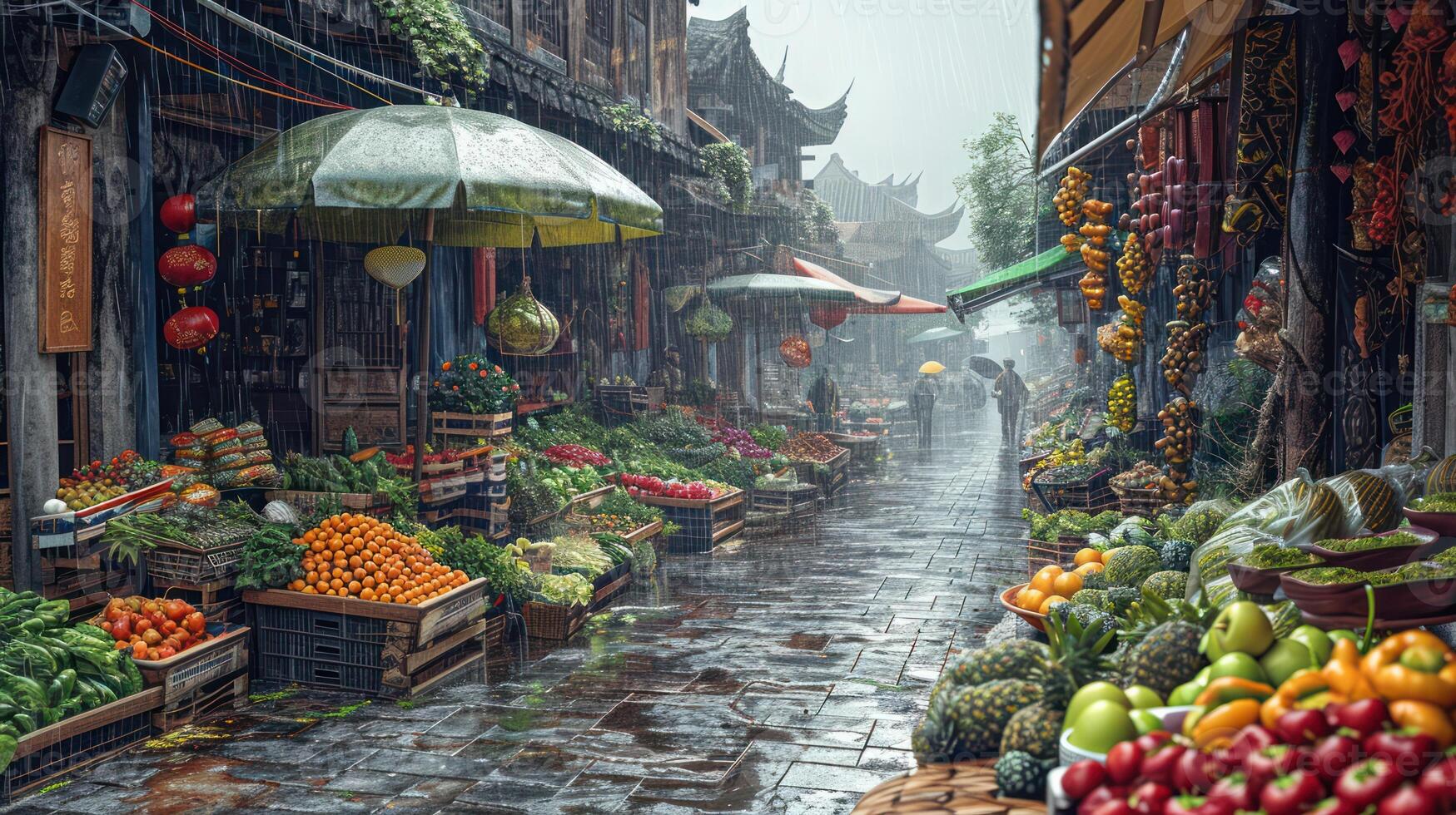 AI generated Generative AI, Traditional oriental asian market with fruits and vegetables under the rain with umbrellas photo