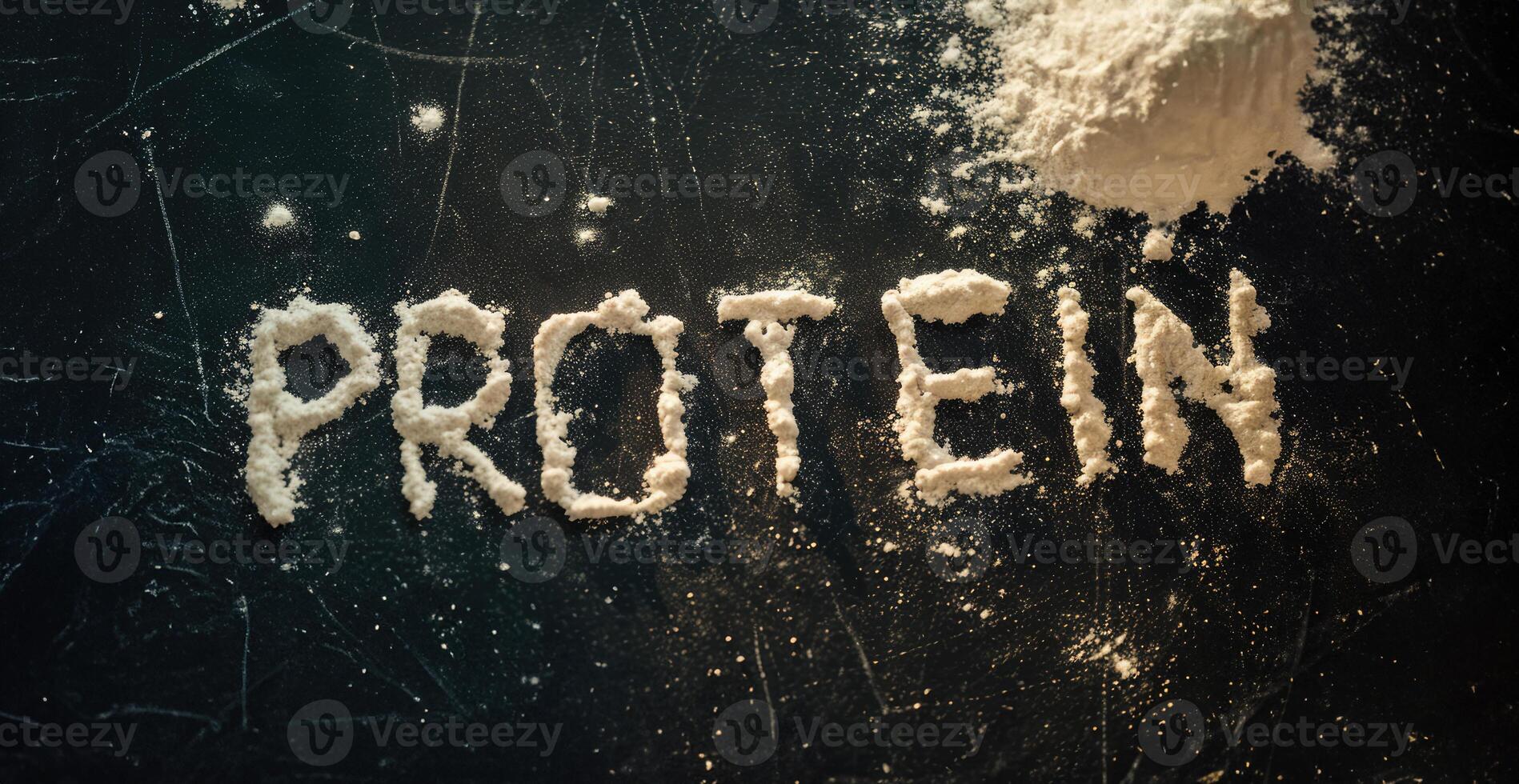 AI generated Generative AI, Whey protein powder with word Protein, sports nutrition, banner with copy space photo