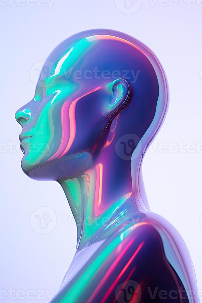 ai generado generativo ai, mujer cara en iridiscente colores líquido, líquido, futurista extraterrestre estilo, de cerca foto