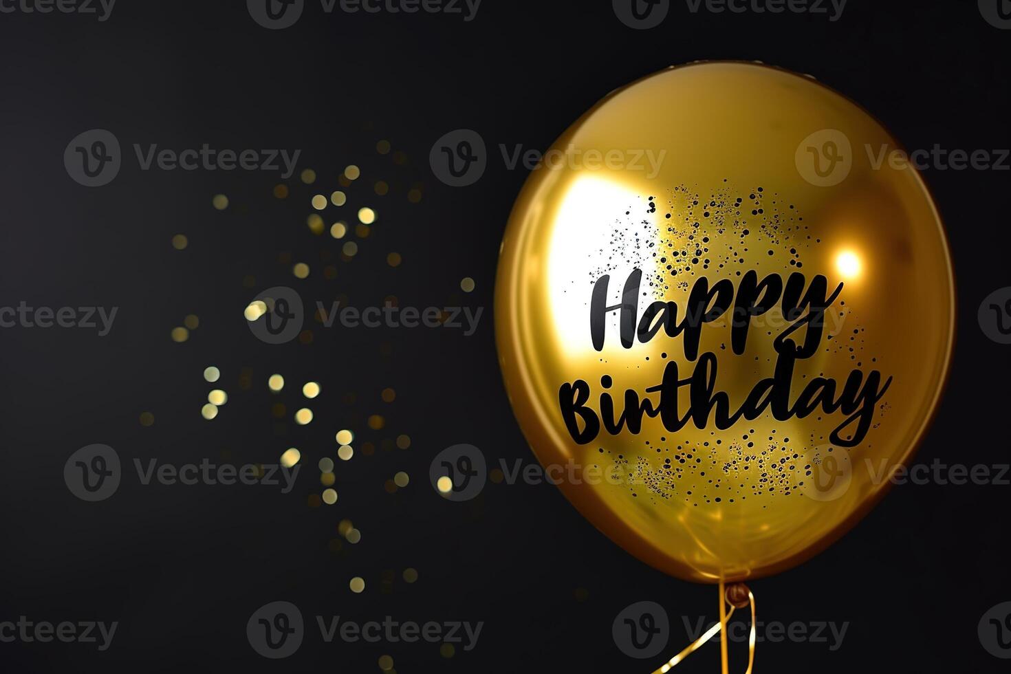AI generated Generative AI, golden balloon with congratulation, Happy Birthday, black background photo